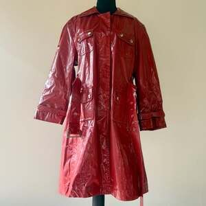 Vintage Y2K Trilogi Red Vinyl Trench Waterproof Raincoat